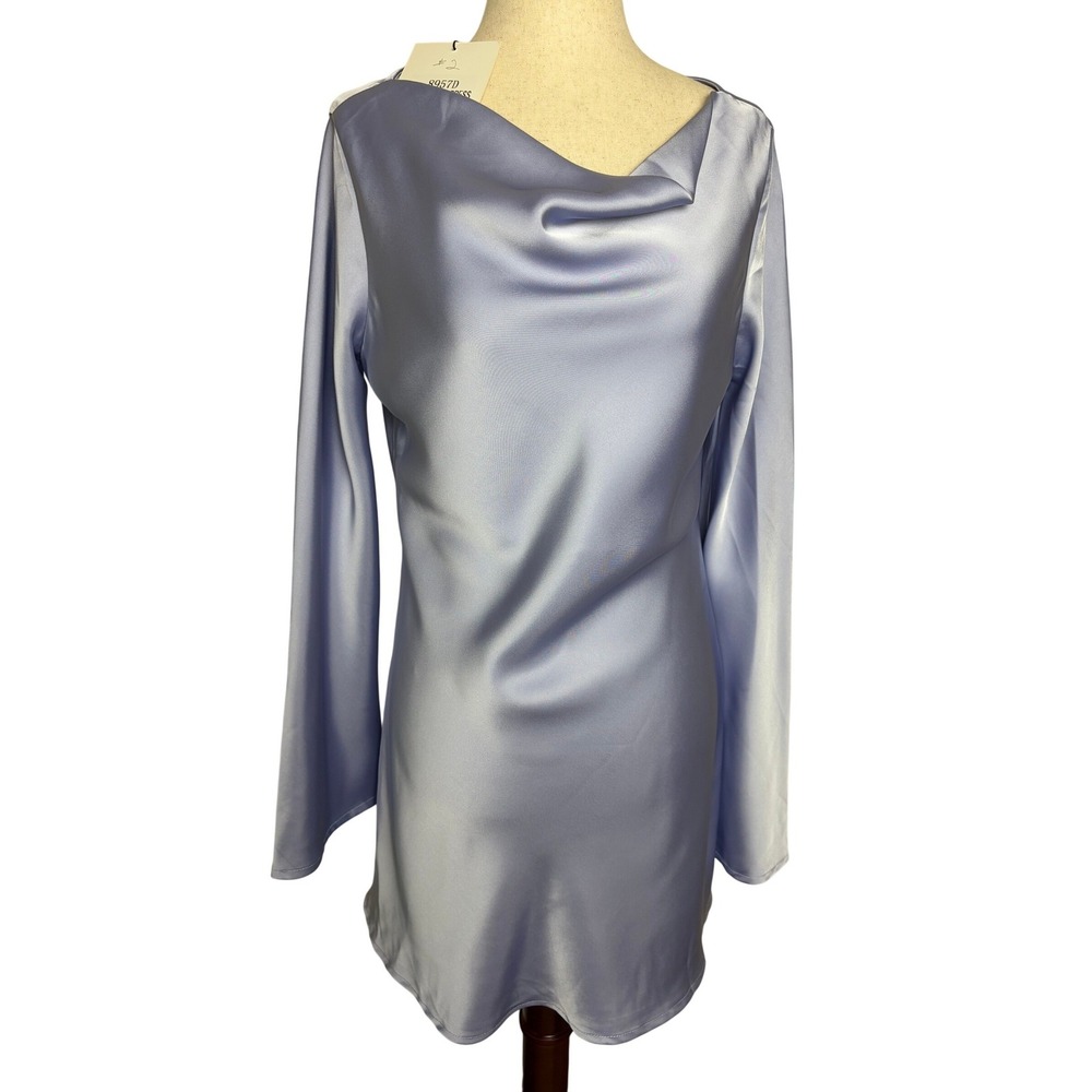 DÈLUC Periwinkle Blue Satin Cowl Neck Long Sleeve Mini Dress Size S NEW